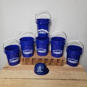 Set of 6 Mini Lowes Plastic Buckets w/ Handles and Kids Club Mini Rubber Hat